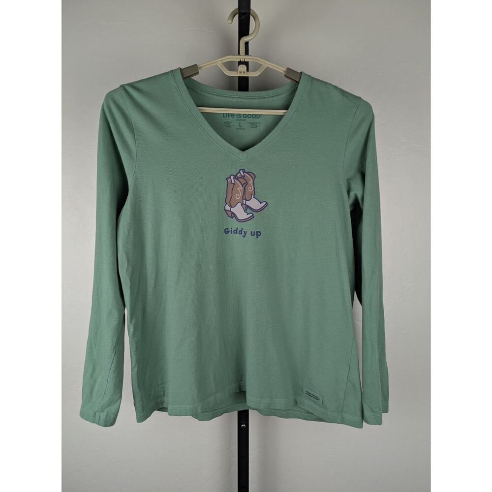 Life is Good green Giddy Up long sleeve Crusher T-shirt cowboy boots